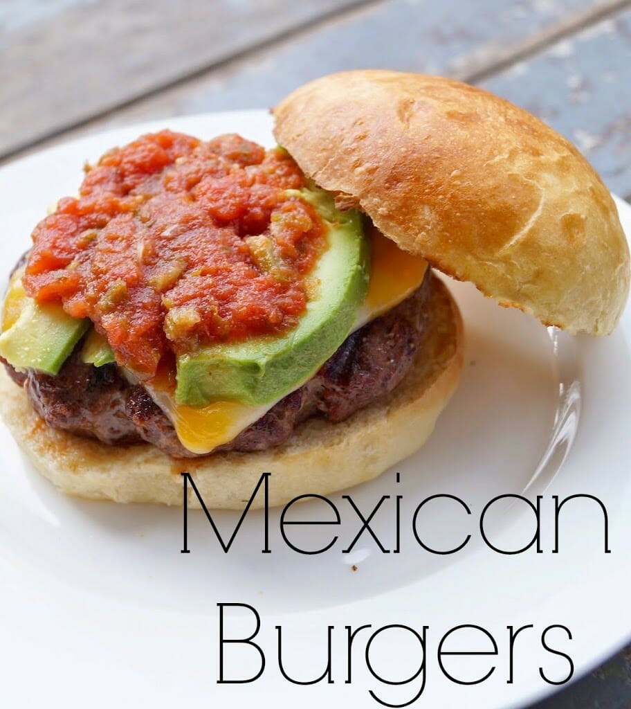 Mexican Burgers topped with avocado slices, fresh salsa, all put on a delicious homemade brioche bun!