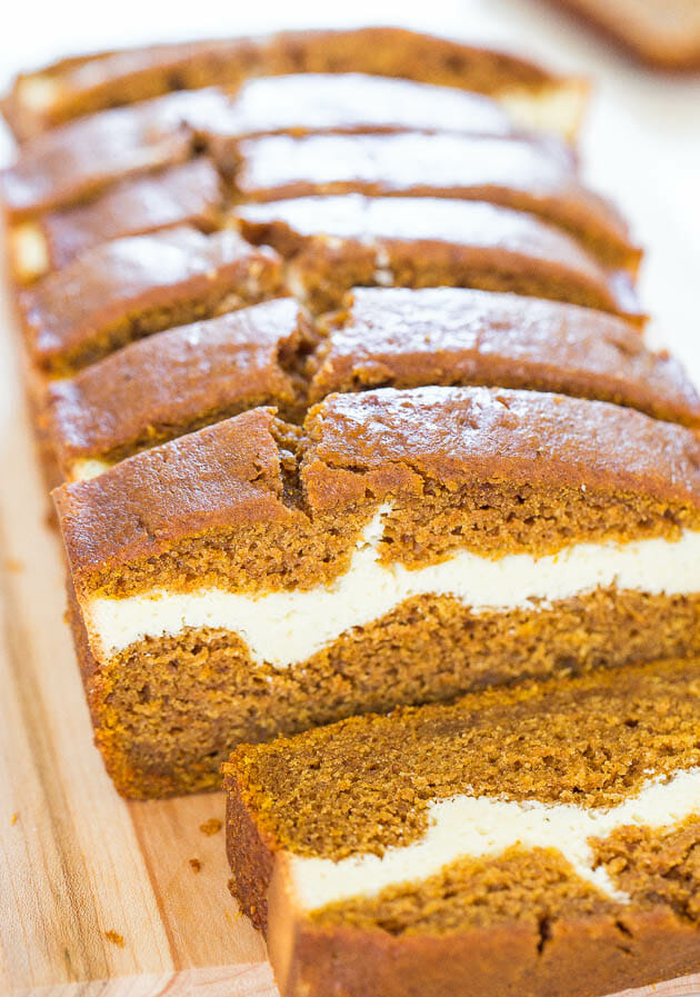 Cream Cheese-Filled Pumpkin Bread - Pumpkin bread that's like having cheesecake baked in! Soft, fluffy, easy and tastes ahhhh-mazing!