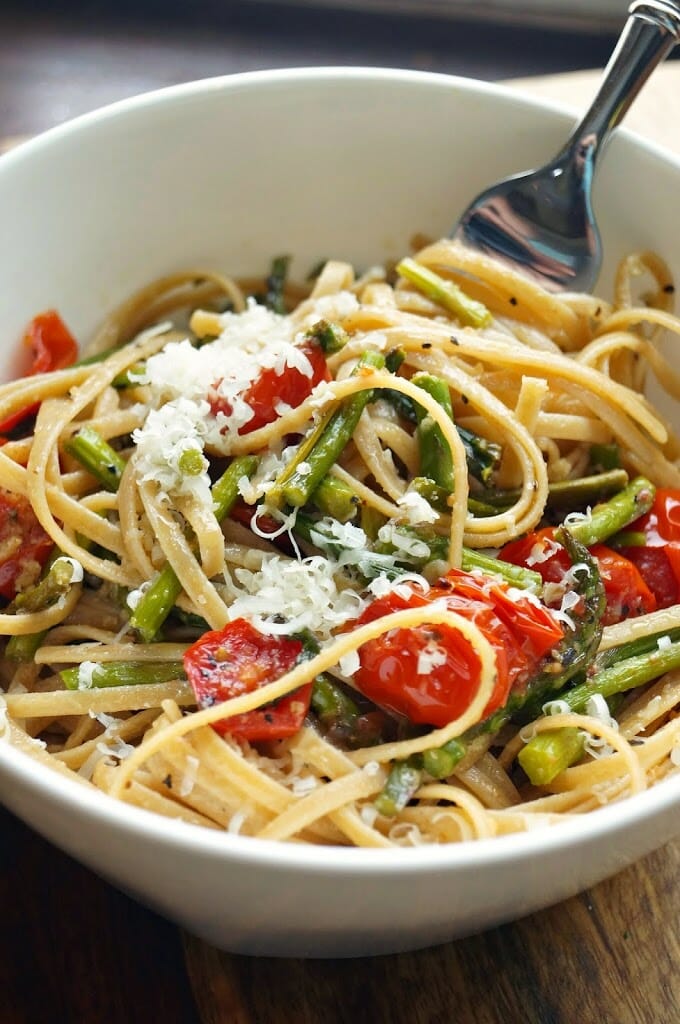 Roasted Asparagus and Tomato Pasta with Toasted Breadcrumbs, Garlic, and Olive Oil