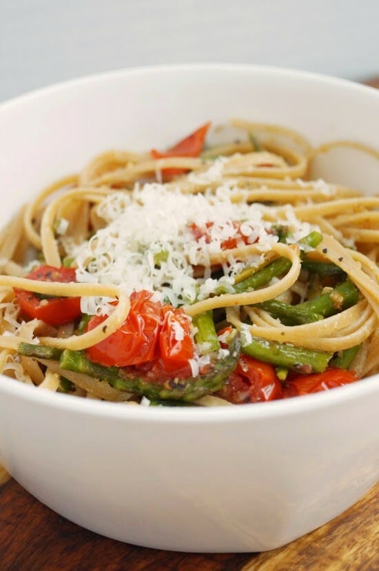 Roasted Asparagus and Tomato Pasta with Toasted Breadcrumbs, Garlic, and Olive Oil