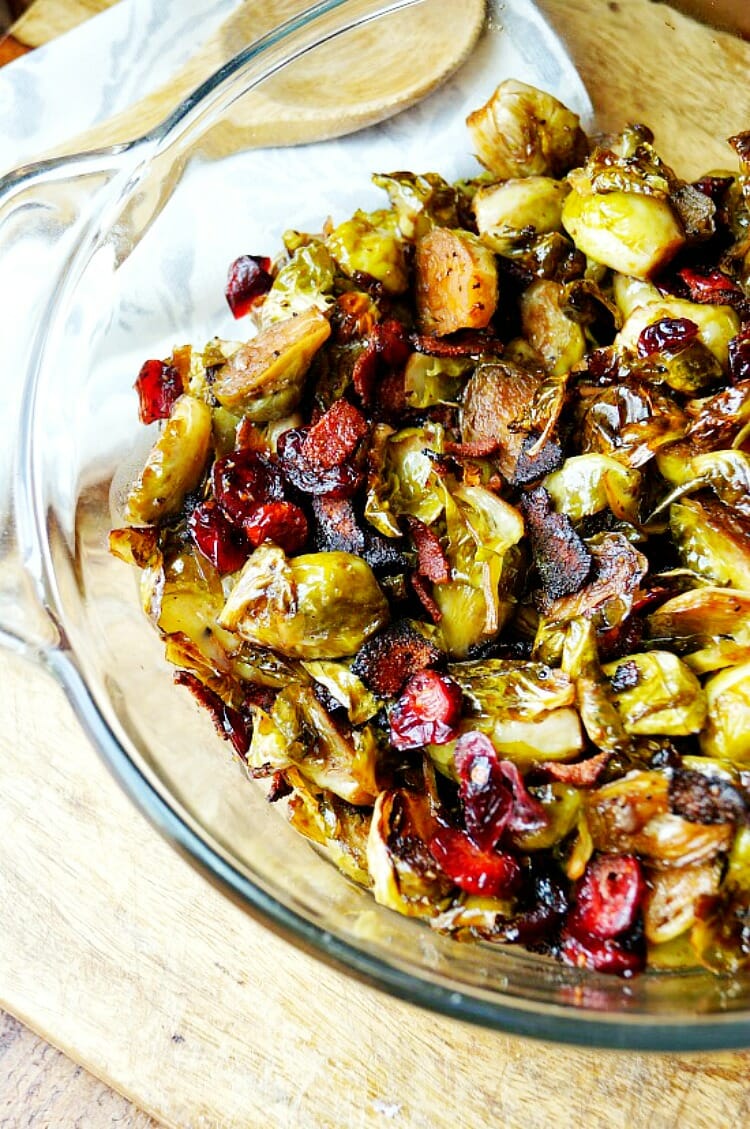 Maple Balsamic Brussel Sprouts with Bacon and Cranberries