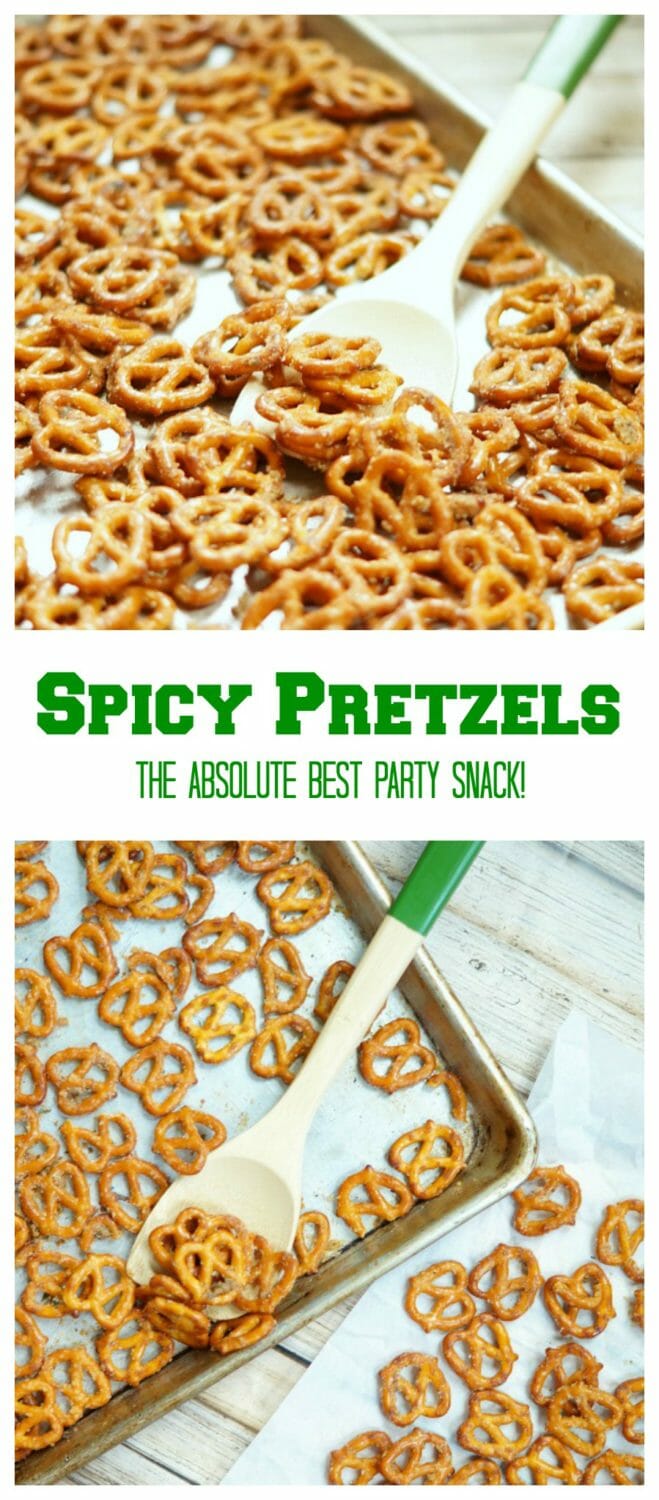 Spicy Party Pretzels, A mixture of ranch, garlic powder, and cayenne powder make the most delicious party snack!