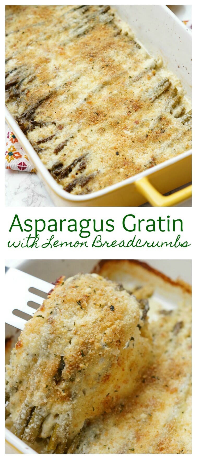 Asparagus Gratin with Lemon Breadcrumbs, an easy asparagus side dish recipe! Layers of roasted asparagus, cheese, and lemony breadcrumbs! 