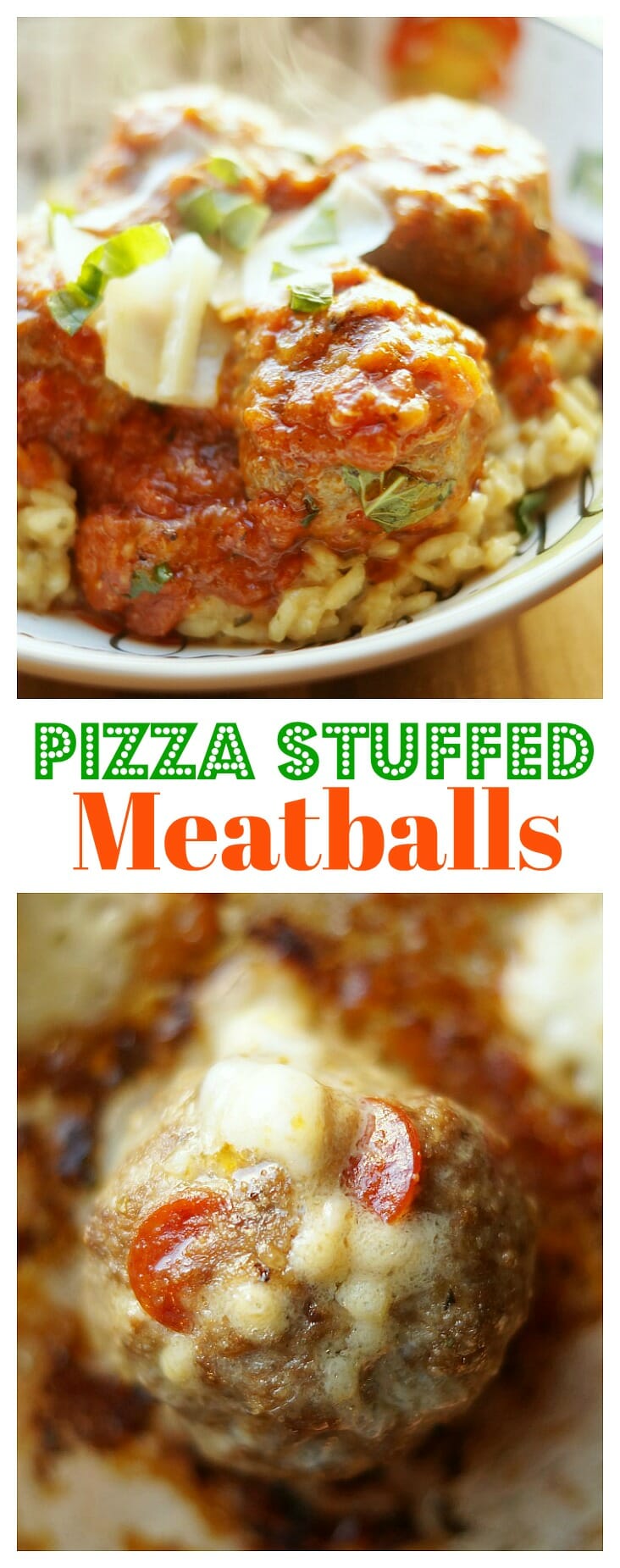 Easy and Delicious Pizza Stuffed Meatballs. Pepperoni and Mozzarella are stuffed into a delicious meatball, then simmered in pizza marinara sauce!