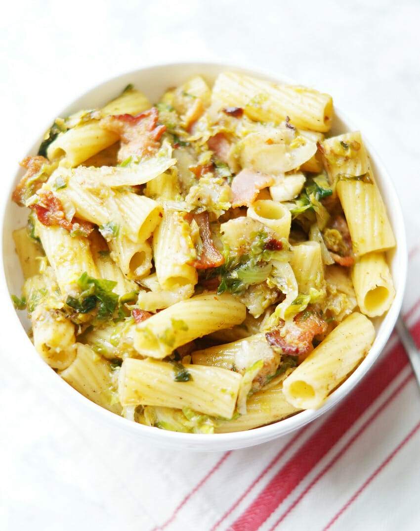 Shredded Brussels Sprouts and Bacon with Rigatoni 