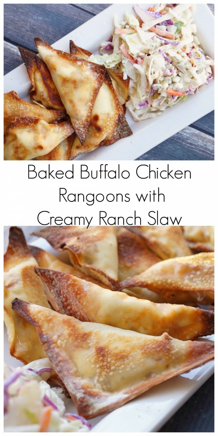 Baked Buffalo Chicken Rangoons with Creamy Ranch Slaw [ad] #backyoursnack