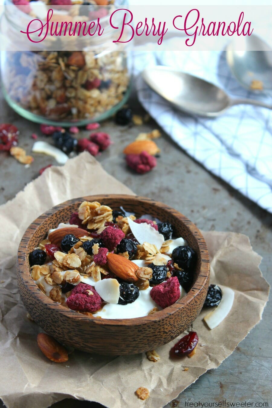 Toasted Summer Berry Granola; crispy, crunchy, sweet summer berry granola with oats and coconut. So delicious, you'll want to eat it by the handful!