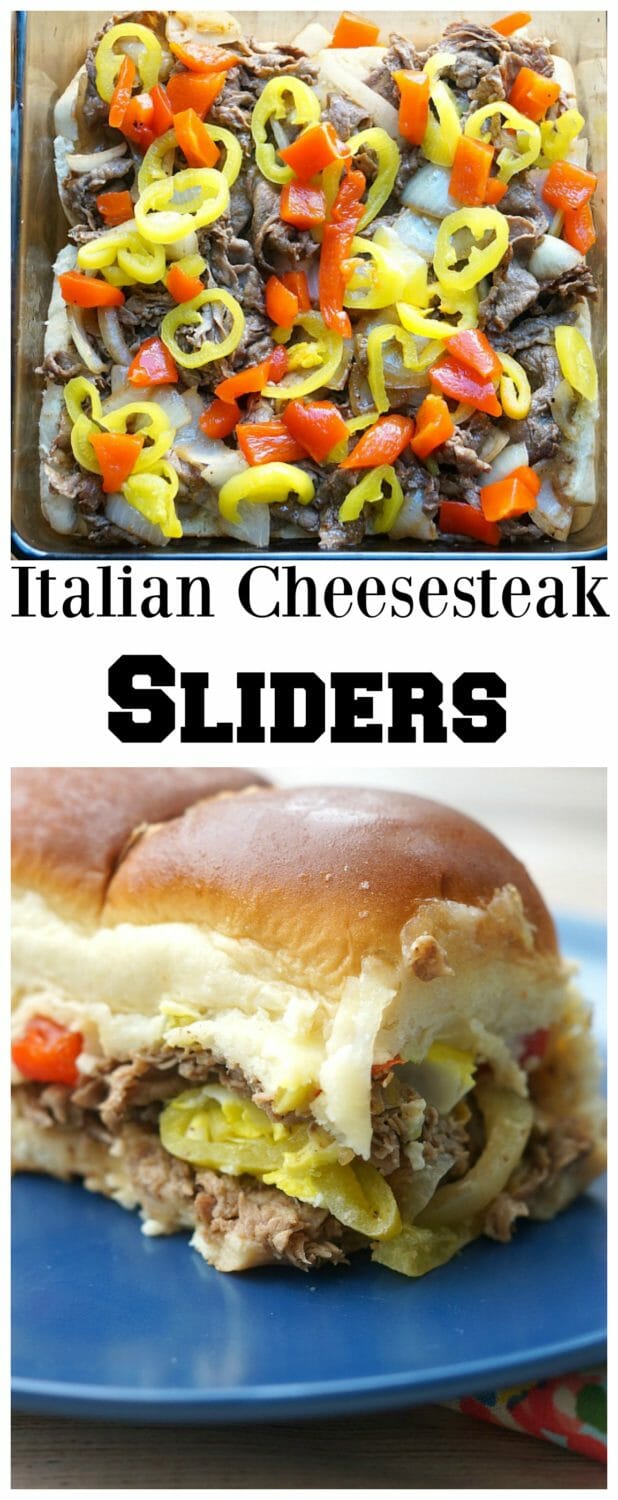 Italian Cheesesteak Sliders with tons of Italian peppers, onions, and two types of cheese!