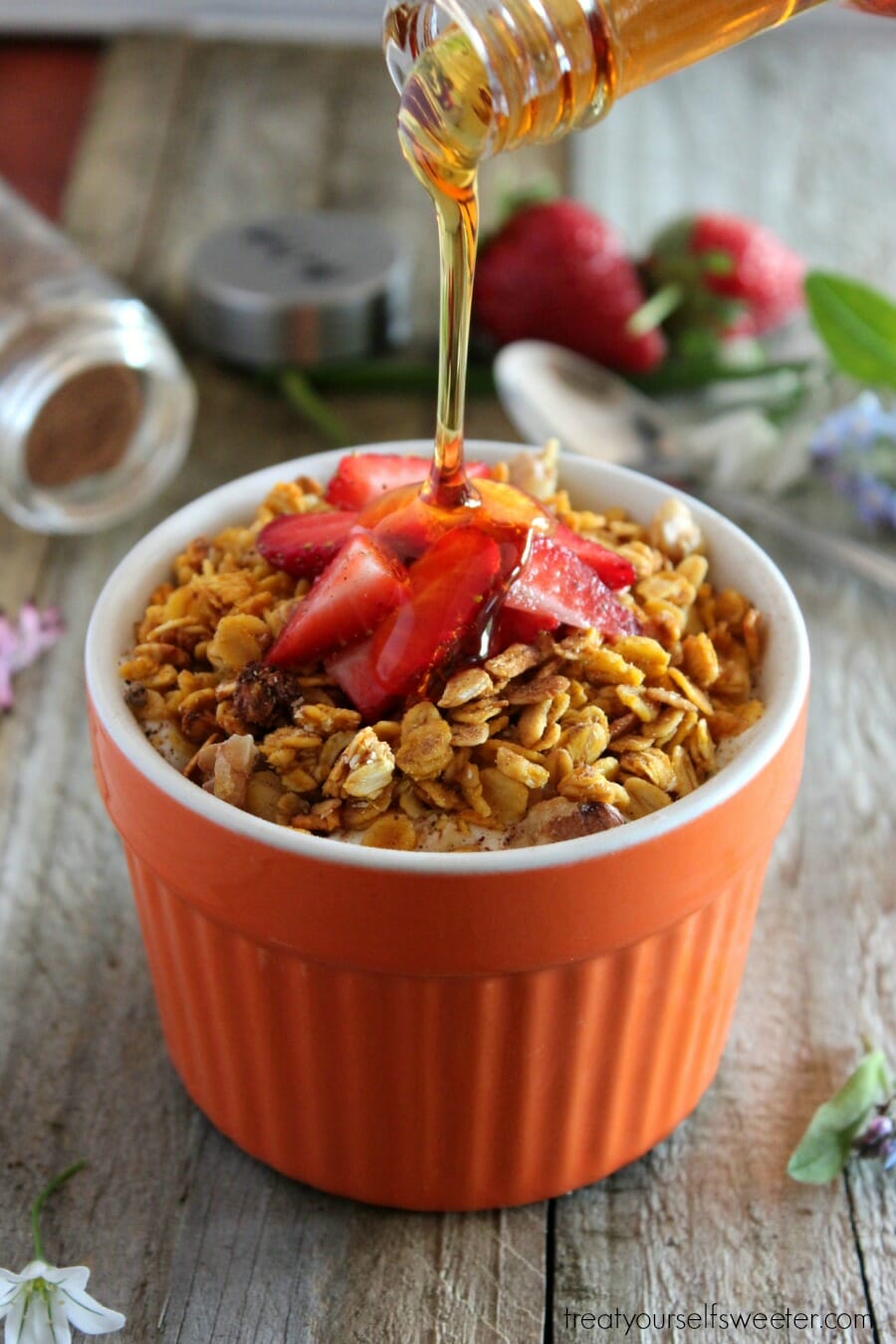 Pumpkin Spice Granola; crunchy granola with a hint of pumpkin, fall spices and sweetness of maple syrup. Perfect for brunch or a seasonal gift.