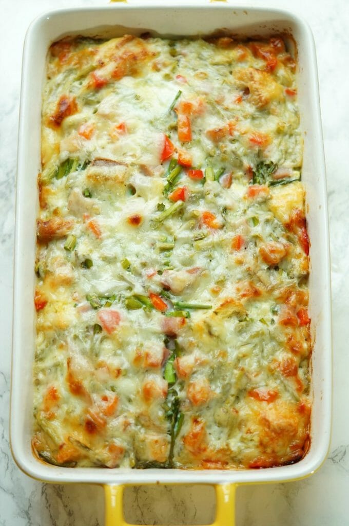 Ham and Asparagus Strata with Red Peppers and Swiss 