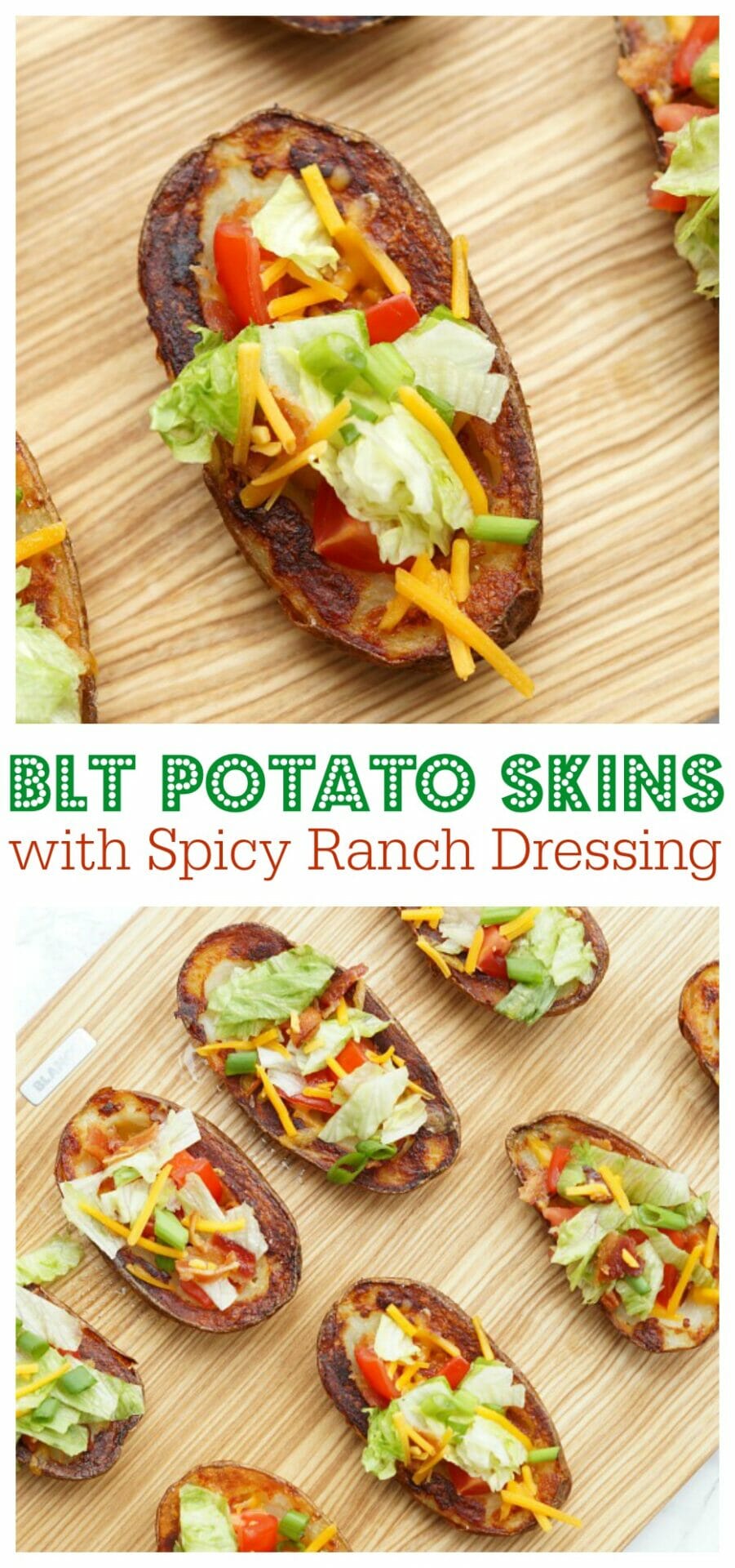 BLT Potato Skins with Spicy Ranch Dressing. A delicious and easy appetizer with cheesy potato skins and BLT toppings! 