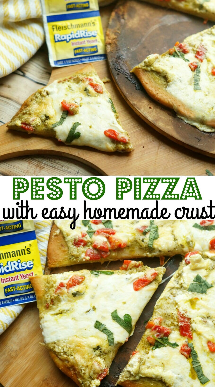 Delicious Pesto Pizza made with the easiest homemade pizza crust recipe